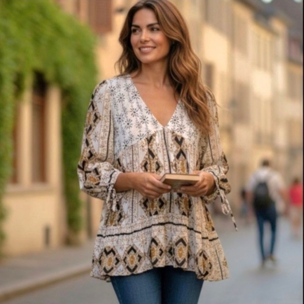Free People Geometric Print V-Neck Blouse